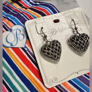 EUC!! BRIGHTON Silver Woven Puffed Heart Drop Wire Earrings with Pouch! CUTE!